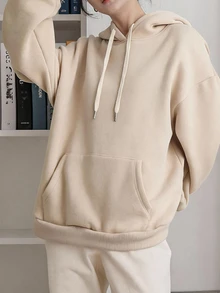 Dazy-Less Women's Solid Color Drop Shoulder Long Sleeve Pocket Drawstring Hooded Casual Basic T-Shirt Autumn Lounge Beige Everyday School - Khaki - View 4