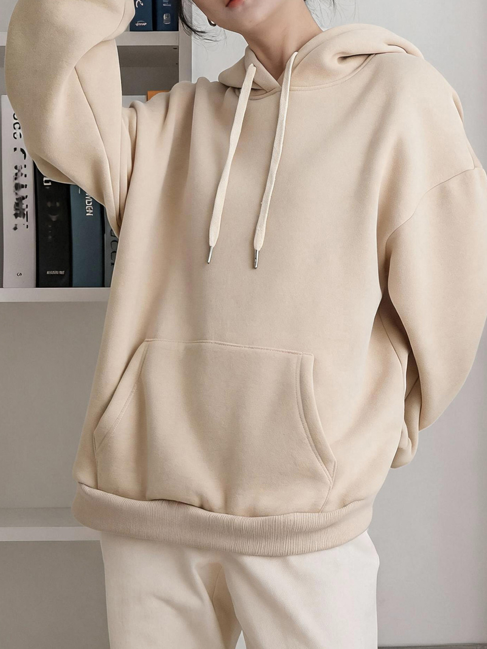 Women's Solid Color Drop Shoulder Long Sleeve Pocket Drawstring Hooded Casual Basic Sweatshirt Autumn Lounge Beige