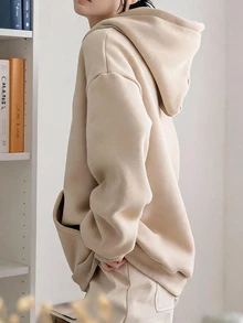 Dazy-Less Women's Solid Color Drop Shoulder Long Sleeve Pocket Drawstring Hooded Casual Basic T-Shirt Autumn Lounge Beige Everyday School - Khaki - View 2