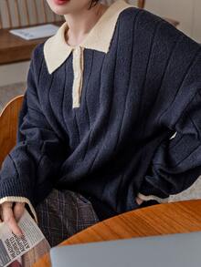 Dazy-Less Sweater Rajut Longgar Bergaris Lengan Panjang Leher Bulat Wanita Warna Biru Tua Polos Kasual Serbaguna untuk Bisnis Kasual Wanita - Navy Blue - View 4