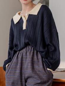 Dazy-Less Sweater Rajut Longgar Bergaris Lengan Panjang Leher Bulat Wanita Warna Biru Tua Polos Kasual Serbaguna untuk Bisnis Kasual Wanita - Navy Blue - View 1