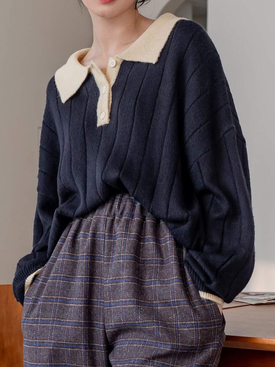 Dazy-Less Sweater Rajut Longgar Bergaris Lengan Panjang Leher Bulat Wanita Warna Biru Tua Polos Kasual Serbaguna untuk Bisnis Kasual Wanita - Navy Blue - View 1