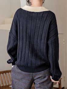 Dazy-Less Sweater Rajut Longgar Bergaris Lengan Panjang Leher Bulat Wanita Warna Biru Tua Polos Kasual Serbaguna untuk Bisnis Kasual Wanita - Navy Blue - View 3