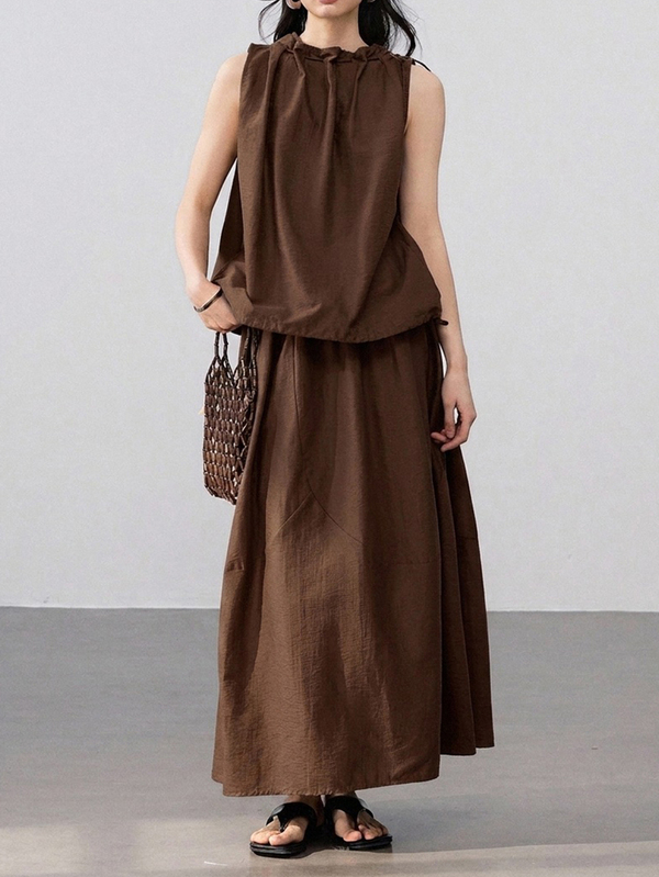 Dazy-Less Summer Autumn Cotton Round Neck Sleeveless Pleated Loose Top With Patchwork A-Line Long Skirt Dark Brown Solid Color Women's 2 Pieces Set Travel Casual