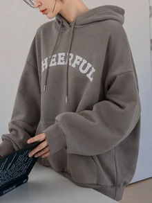 Dazy-Less Sweatshirt Wanita Lengan Panjang Model Longgar dengan Motif Huruf dan Tali Serut, Gaya Kasual, Ukuran Besar untuk Musim Gugur. - Hijau - View 3