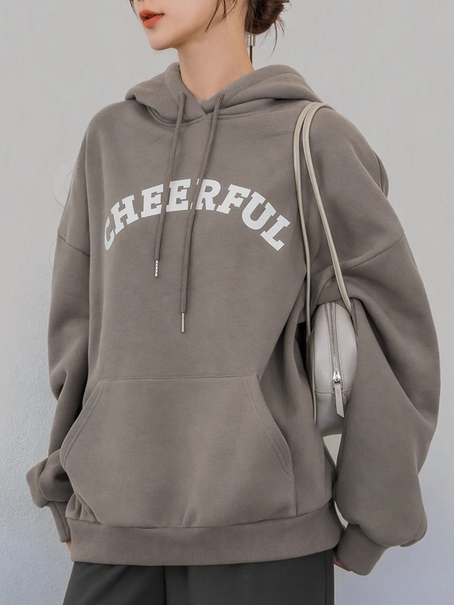 Dazy-Less Sweatshirt Wanita Lengan Panjang Model Longgar dengan Motif Huruf dan Tali Serut, Gaya Kasual, Ukuran Besar untuk Musim Gugur. - Hijau - View 1