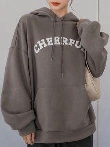 Dazy-Less Sweatshirt Wanita Lengan Panjang Model Longgar dengan Motif Huruf dan Tali Serut, Gaya Kasual, Ukuran Besar untuk Musim Gugur. - Hijau - View 4