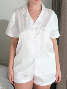 Turnttoni 2pcs Women's Satin Striped Short Sleeve Polo Collar Top And Bow Shorts Pajama Set, Spring Summer, Two Pieces Set - White - View 3