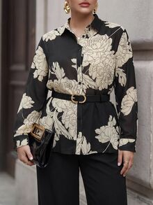Chikora Plus Size Elegant Commuter Floral Print Blouse Fall - Multicolor - View 5