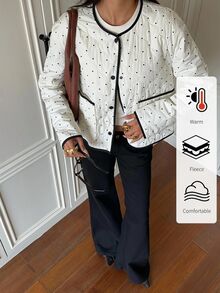 SHEIN EZwear 女款波點拼接色塊休閒日常冬季加厚棉襖 - 白色 - 查看 13