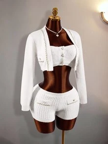 Amplova Women's 3pcs Set: Faux Pearl Decor Bandeau Top, Shorts, Metal Chain Cropped Long Sleeve Knit Top Night Out Everyday Date Night White Autumn Sexy Cute - Apricot - View 13