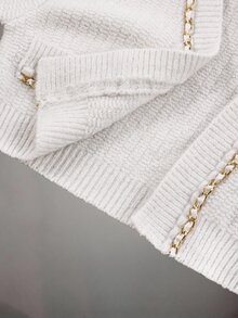 Amplova Women's 3pcs Set: Faux Pearl Decor Bandeau Top, Shorts, Metal Chain Cropped Long Sleeve Knit Top Night Out Everyday Date Night White Autumn Sexy Cute - Apricot - View 18