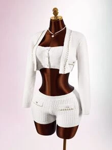 Amplova Women's 3pcs Set: Faux Pearl Decor Bandeau Top, Shorts, Metal Chain Cropped Long Sleeve Knit Top Night Out Everyday Date Night White Autumn Sexy Cute - Apricot - View 15