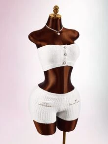 Amplova Women's 3pcs Set: Faux Pearl Decor Bandeau Top, Shorts, Metal Chain Cropped Long Sleeve Knit Top Night Out Everyday Date Night White Autumn Sexy Cute - Apricot - View 17