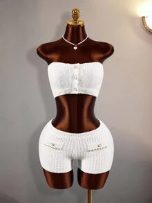 Amplova Women's 3pcs Set: Faux Pearl Decor Bandeau Top, Shorts, Metal Chain Cropped Long Sleeve Knit Top Night Out Everyday Date Night White Autumn Sexy Cute - Apricot - View 10