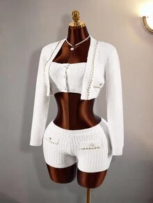 Amplova Women's 3pcs Set: Faux Pearl Decor Bandeau Top, Shorts, Metal Chain Cropped Long Sleeve Knit Top Night Out Everyday Date Night White Autumn Sexy Cute - Apricot - View 12
