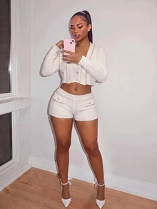 Amplova Women's 3pcs Set: Faux Pearl Decor Bandeau Top, Shorts, Metal Chain Cropped Long Sleeve Knit Top Night Out Everyday Date Night White Autumn Sexy Cute - Apricot - View 9