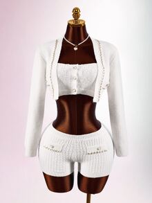 Amplova Women's 3pcs Set: Faux Pearl Decor Bandeau Top, Shorts, Metal Chain Cropped Long Sleeve Knit Top Night Out Everyday Date Night White Autumn Sexy Cute - Apricot - View 16
