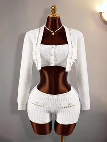 Amplova Women's 3pcs Set: Faux Pearl Decor Bandeau Top, Shorts, Metal Chain Cropped Long Sleeve Knit Top Night Out Everyday Date Night White Autumn Sexy Cute - Apricot - View 1