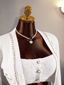 Amplova Women's 3pcs Set: Faux Pearl Decor Bandeau Top, Shorts, Metal Chain Cropped Long Sleeve Knit Top Night Out Everyday Date Night White Autumn Sexy Cute - Apricot - View 14