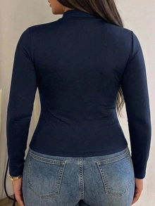 Dazy Plus Plus Size Women's Elastic Fitted Zipper Front Cropped Short Sleeve Casual Sports T-Shirt, Spring/Summer - Navy Blue - View 3