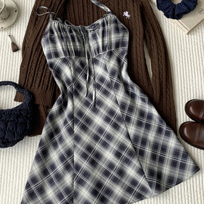 Blue Plaid Women's Spaghetti Strap Mini Dress