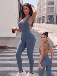 Gameset SHEIN Sport Women's Solid Color Back Cutout Design Sleeveless Sports Jumpsuit - Dusty Blue - View 4