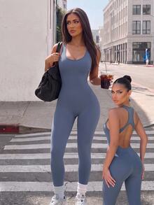 Gameset SHEIN Sport Women's Solid Color Back Cutout Design Sleeveless Sports Jumpsuit - Dusty Blue - View 8
