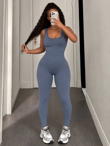 Gameset SHEIN Sport Women's Solid Color Back Cutout Design Sleeveless Sports Jumpsuit - Dusty Blue - View 5