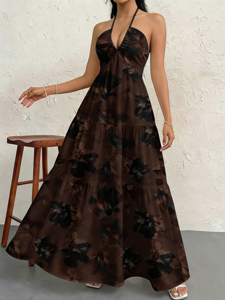 Firerie Women's Retro Boho Brown Floral Print Long Dress,Casual Summer Minimalist,Suitable For Holiday Vacation,Beach Outing,Wedding Party,Travel,Bohemian - Multicolor - View 5