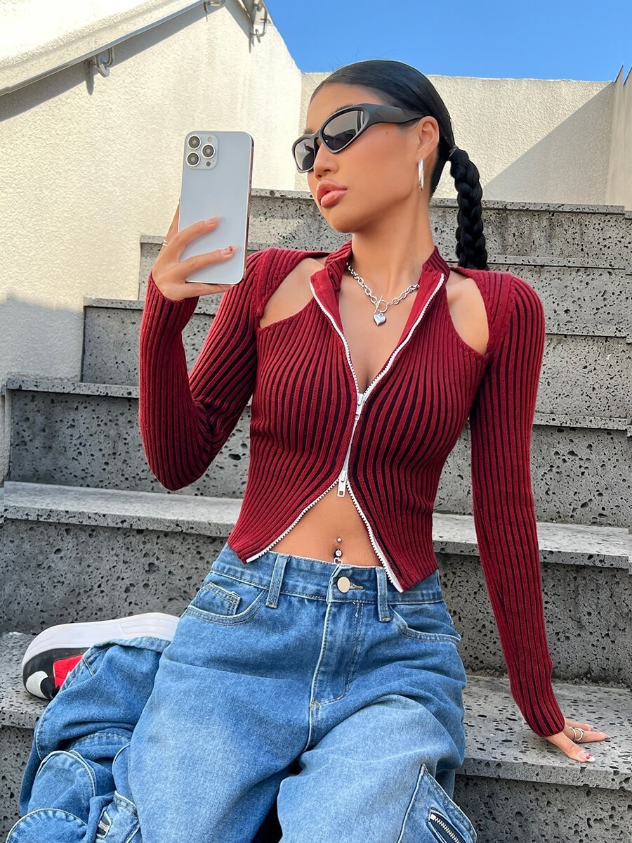 SHEIN ICON Chaleco Sin Mangas Para Mujeres Con Hombros Descubiertos, Cardigan Frontal Con Cremallera Y Patrón A Rayas - Multicolor - Ver 1