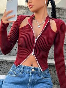 SHEIN ICON Chaleco Sin Mangas Para Mujeres Con Hombros Descubiertos, Cardigan Frontal Con Cremallera Y Patrón A Rayas - Multicolor - Ver 5