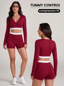 SHEIN Sports Women's Colorblock V-Neck Long Sleeve Top And Shorts Casual Daily Sports Outfit - Flame scarlet - View 5