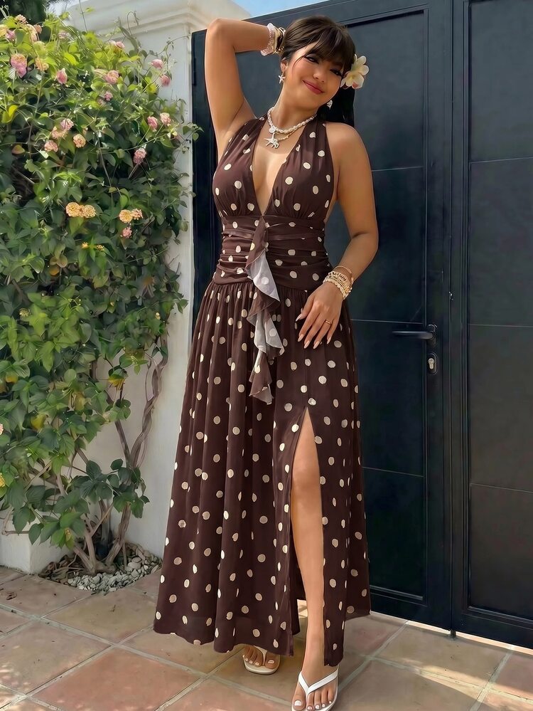 GalTyme Plus Size Women Polka Dot Ruffle Hem Split Design Casual Boho Sexy Party Vacation Halter Neck Dress Chocolate Brown Summer - Coffee Brown - View 5