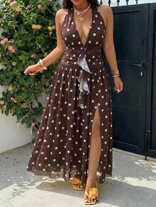 GalTyme Plus Size Women Polka Dot Ruffle Hem Split Design Casual Boho Sexy Party Vacation Halter Neck Dress Chocolate Brown Summer - Coffee Brown - View 2