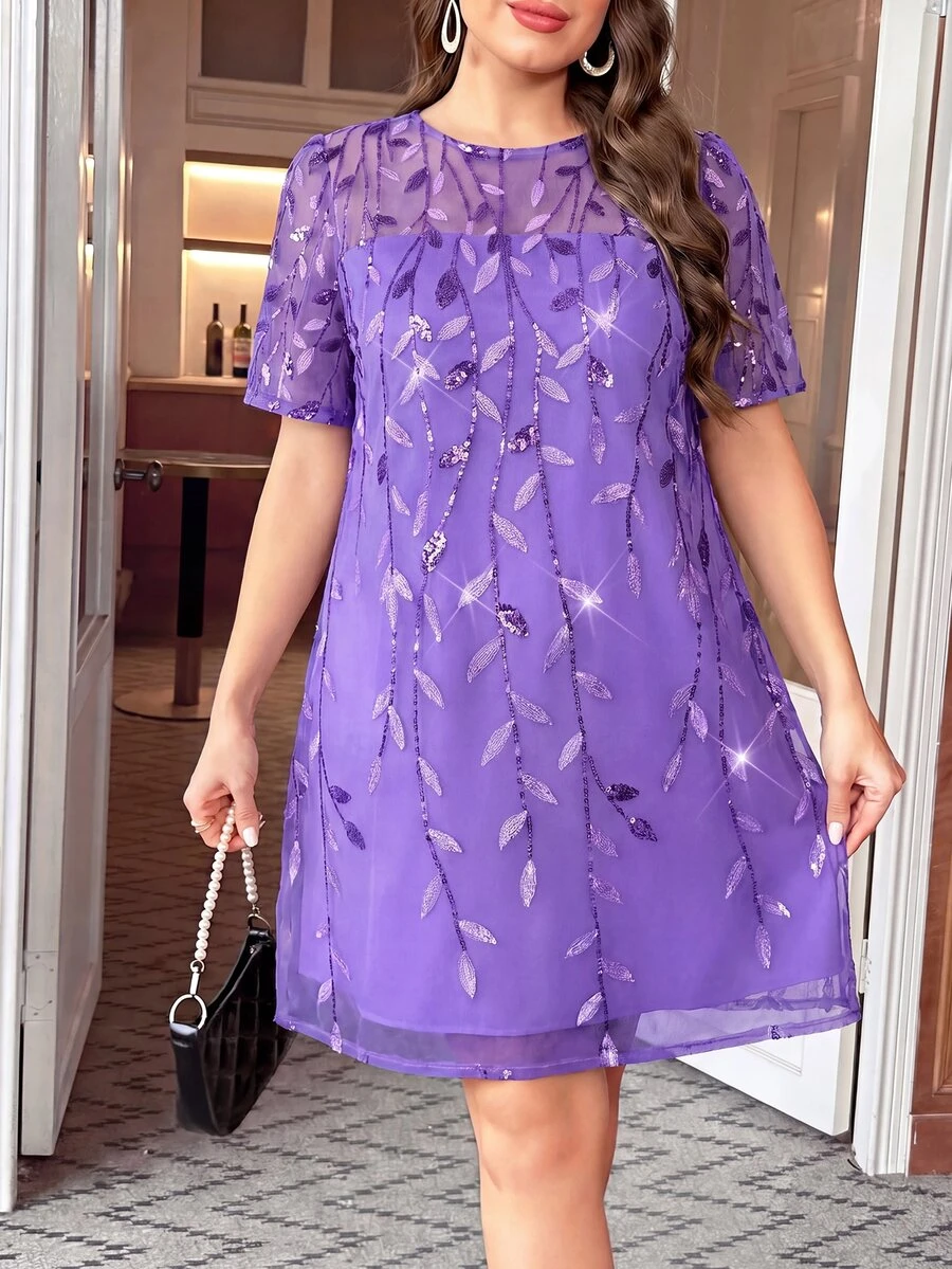 Reflora Plus Size Sexy Sequin Vacation Evening Dress - Mauve Purple - View 1