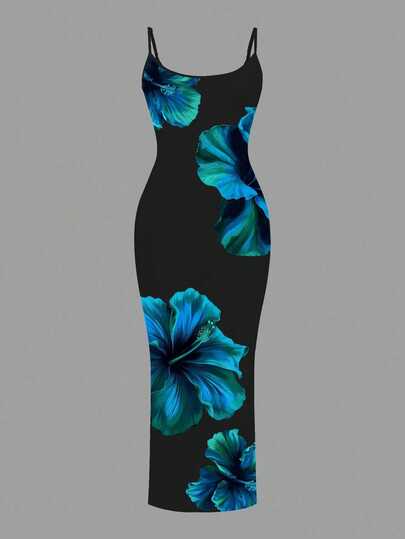 Slaydiva Plus Size Women Floral Print Elegant Waist Cinched Vacation Slip Dress