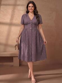 Chikora Plus Size Women's Elegant Linen V-Neck Casual Office Dress - Dusty Purple - View 6