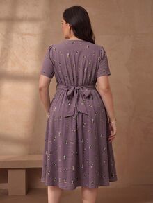 Chikora Plus Size Women's Elegant Linen V-Neck Casual Office Dress - Dusty Purple - View 3