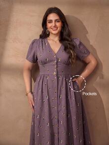 Chikora Plus Size Women's Elegant Linen V-Neck Casual Office Dress - Dusty Purple - View 2