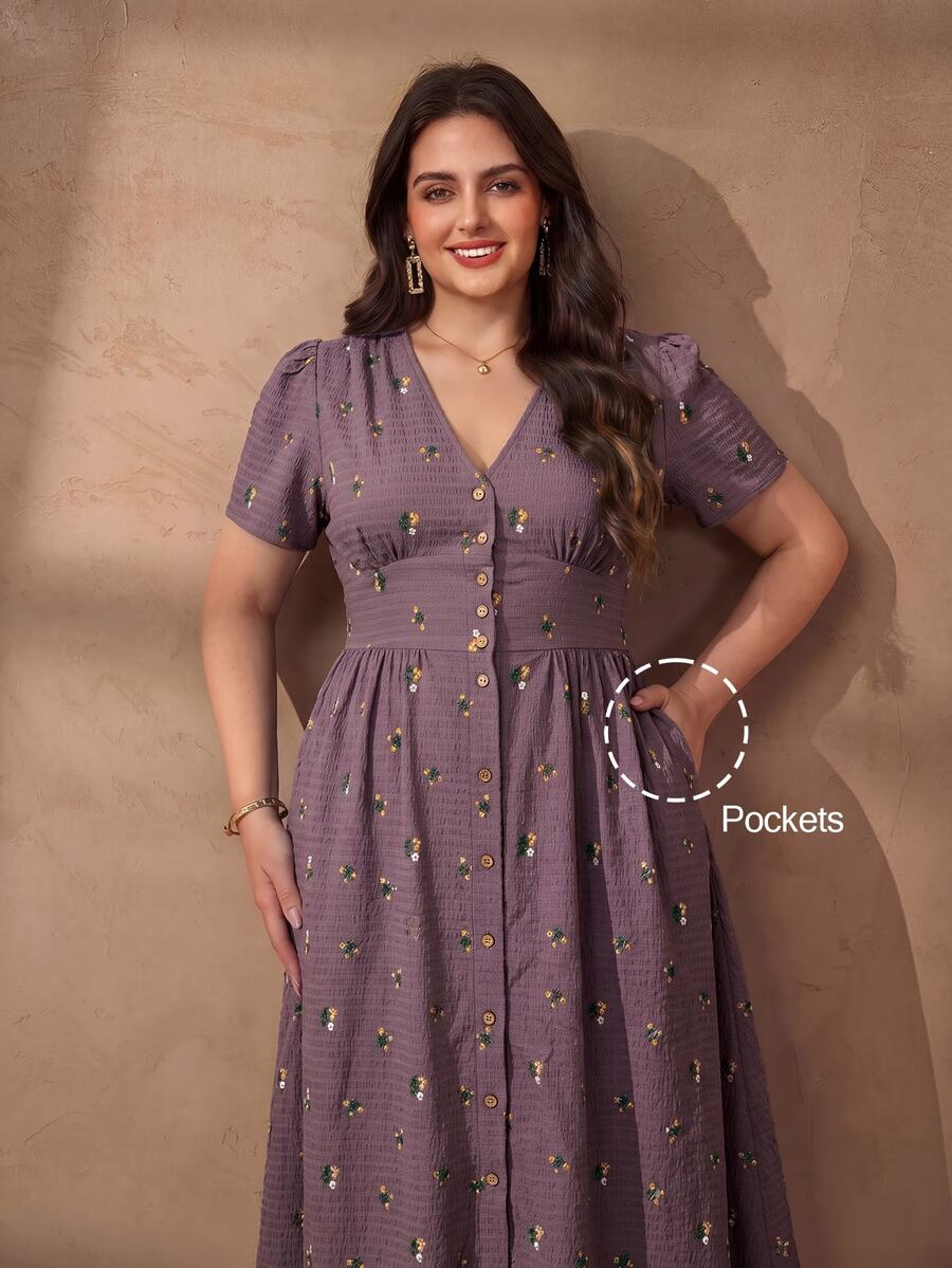 Chikora Plus Size Women's Elegant Linen V-Neck Casual Office Dress