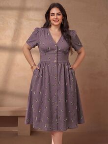 Chikora Plus Size Women's Elegant Linen V-Neck Casual Office Dress - Dusty Purple - View 7