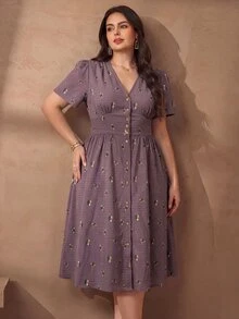 Chikora Plus Size Women's Elegant Linen V-Neck Casual Office Dress - Dusty Purple - View 8