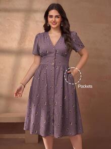 Chikora Plus Size Women's Elegant Linen V-Neck Casual Office Dress - Dusty Purple - View 5