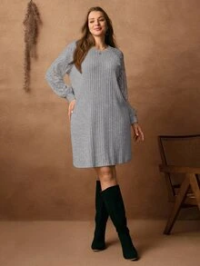 Rosumi 大码女式圆领长袖罗纹宽松休闲连衣裙 - 灰色 - 查看 6