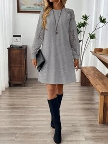 Rosumi 大码女式圆领长袖罗纹宽松休闲连衣裙 - 灰色 - 查看 5