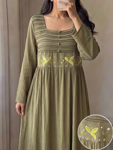 Yasmyna Women's Embroidered Pleated Textured Arabic Traditional Dress Elegant - Green - View 1