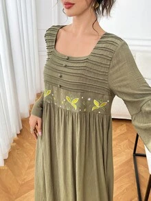 Yasmyna Women's Embroidered Pleated Textured Arabic Traditional Dress Elegant - Green - View 7