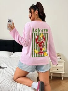 SHEIN EZwear 大尺碼女款字母與龍蝦印花圓領落肩長袖休閒T恤 - 彩色 - 查看 8