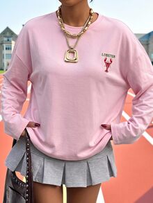 SHEIN EZwear 大尺碼女款字母與龍蝦印花圓領落肩長袖休閒T恤 - 彩色 - 查看 3